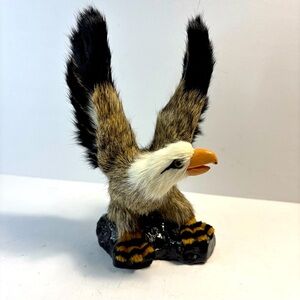 Real Rabbit Fur American Eagle Figurine 7" Handcrafted Unique Decor